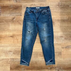 Women's 14 Stretch Distressed Raw Hem Denim Blue Cropped Mid-Rise Cotton Jeans